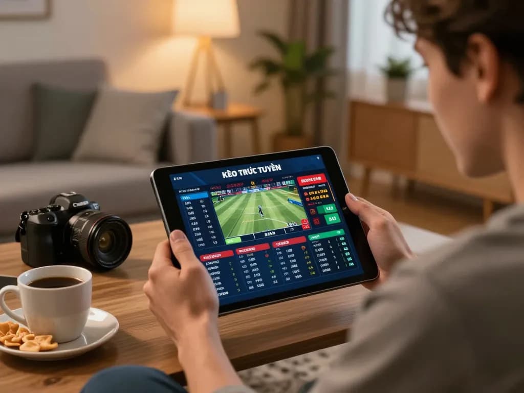 Engaging in KÈO TRỰC TUYẾN from home, with dynamic sports betting displayed on tablet.