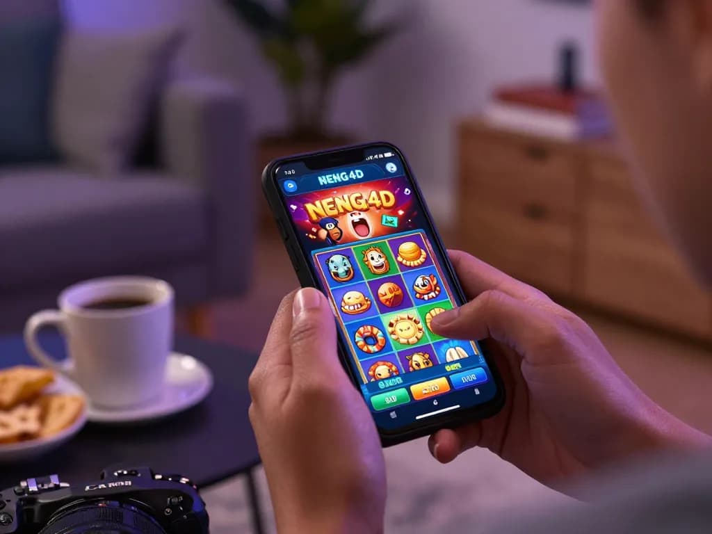 NENG4D player enjoying online slots on smartphone with colorful graphics and cozy setting.