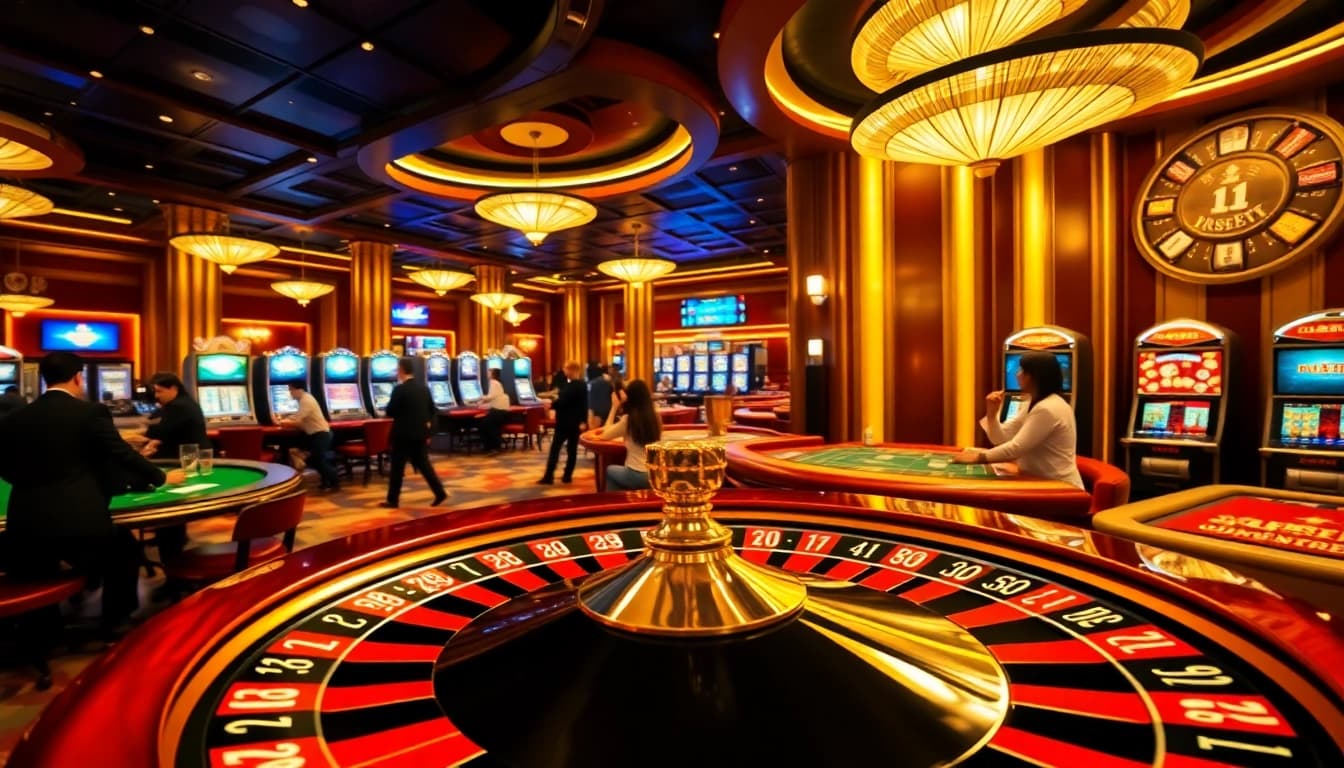Players enjoying high-stakes action at RR88 casino tables, with vibrant roulette and poker games.
