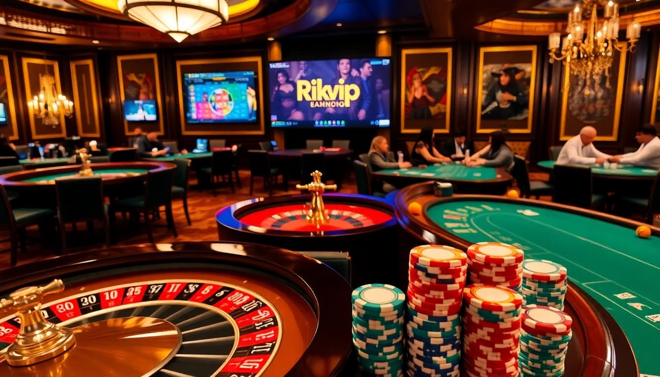 Rikvip players enjoying vibrant casino games with poker chips and roulette wheel.