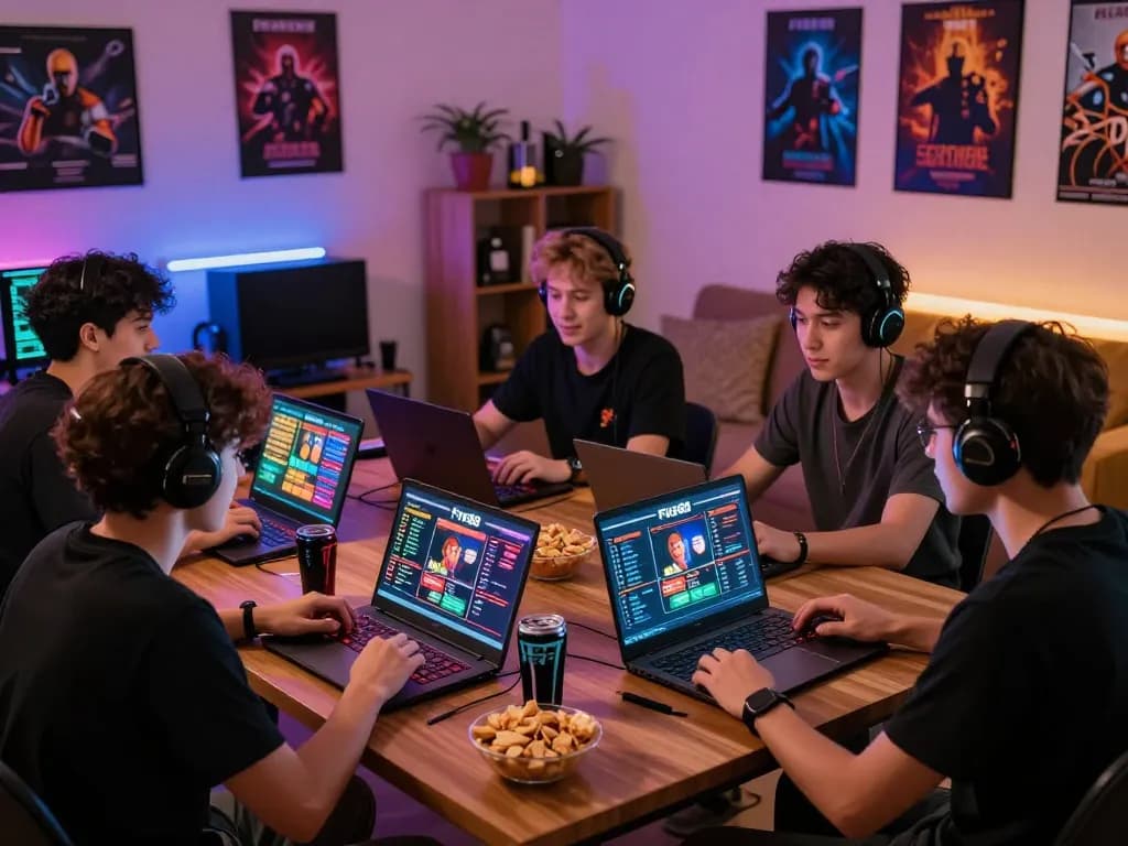 Exciting online gaming session featuring friends engaging with five88 betting on laptops and enjoying snacks.