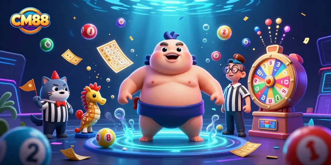 Engage in exciting gameplay at CM88 with a vibrant illustration of a puffed fugu blowfish in a casino theme.