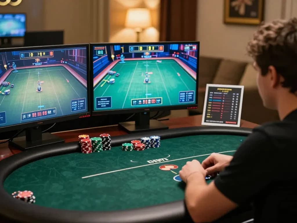 Engaging poker session at home showcasing strategic gameplay with link F8bet displayed on screen.