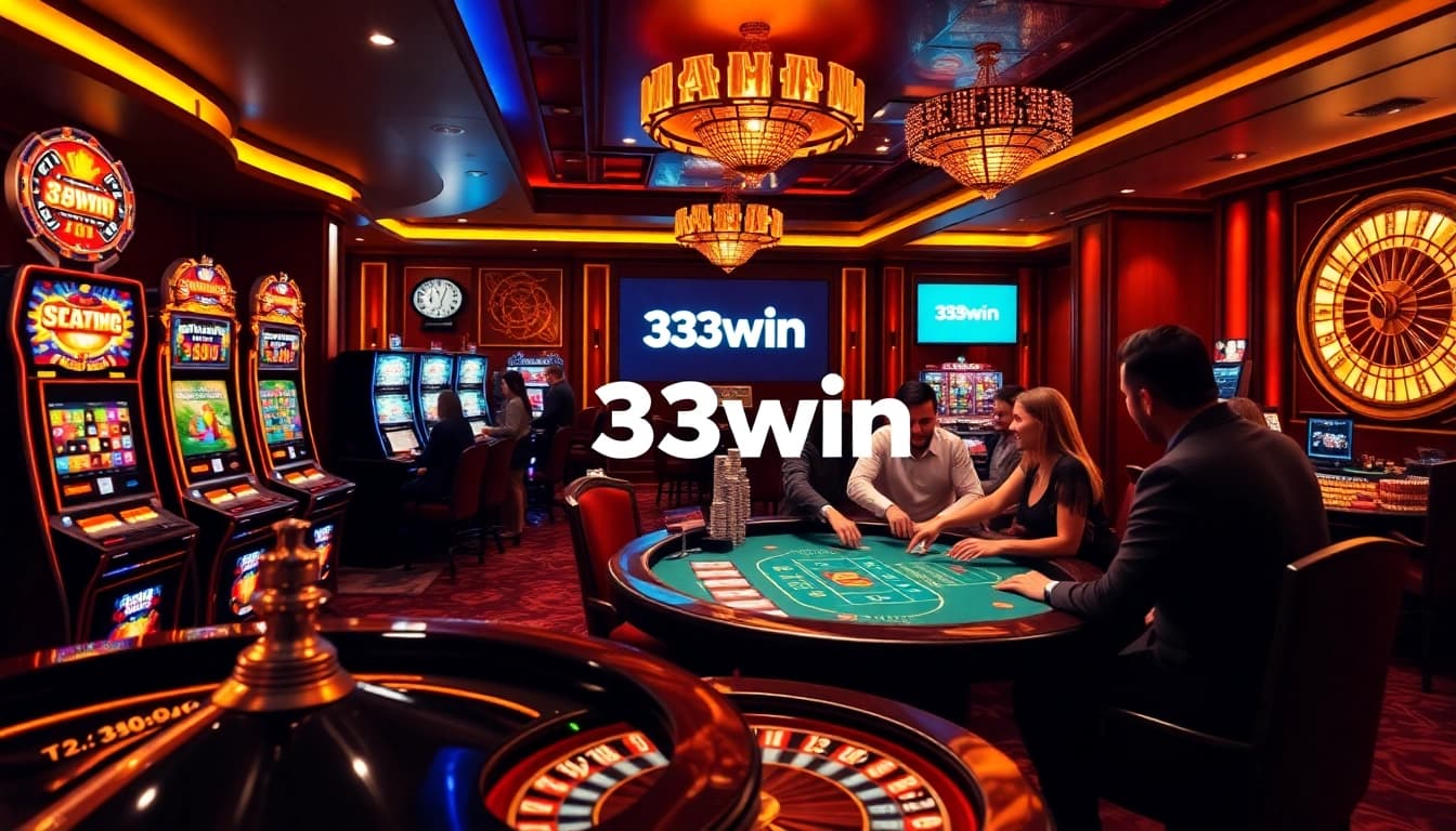 Players enjoying high-stakes excitement at 33win casino with vibrant gaming tables and slot machines.