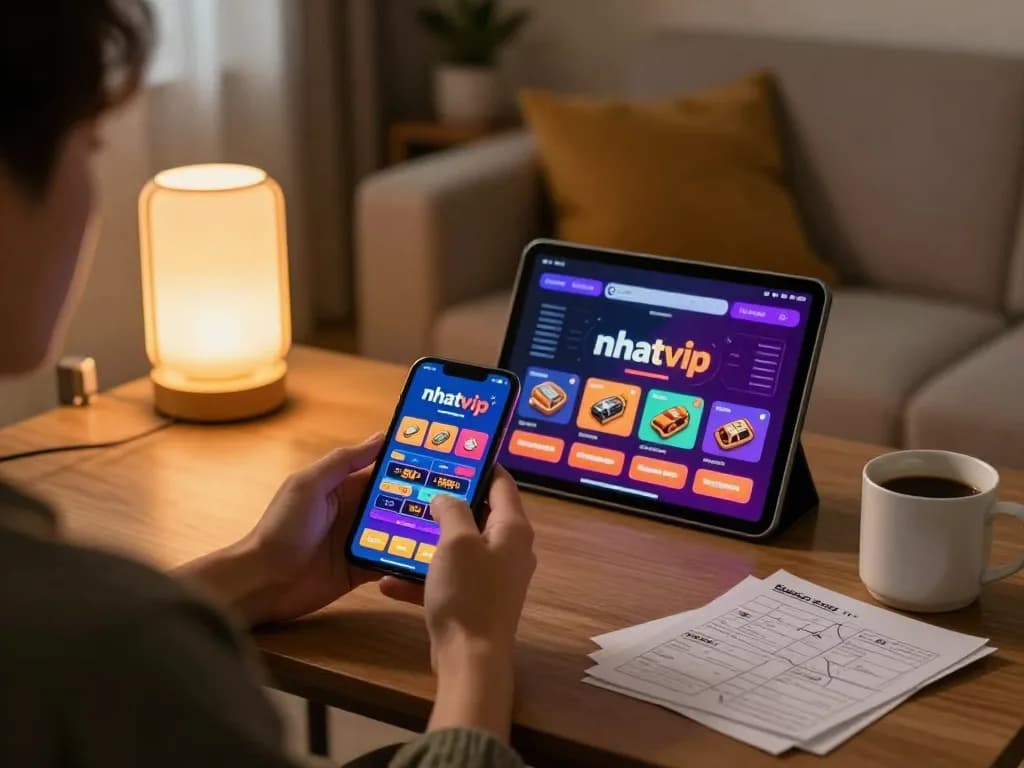 Engaging in online betting at home with nhatvip app on smartphone in a cozy setting.
