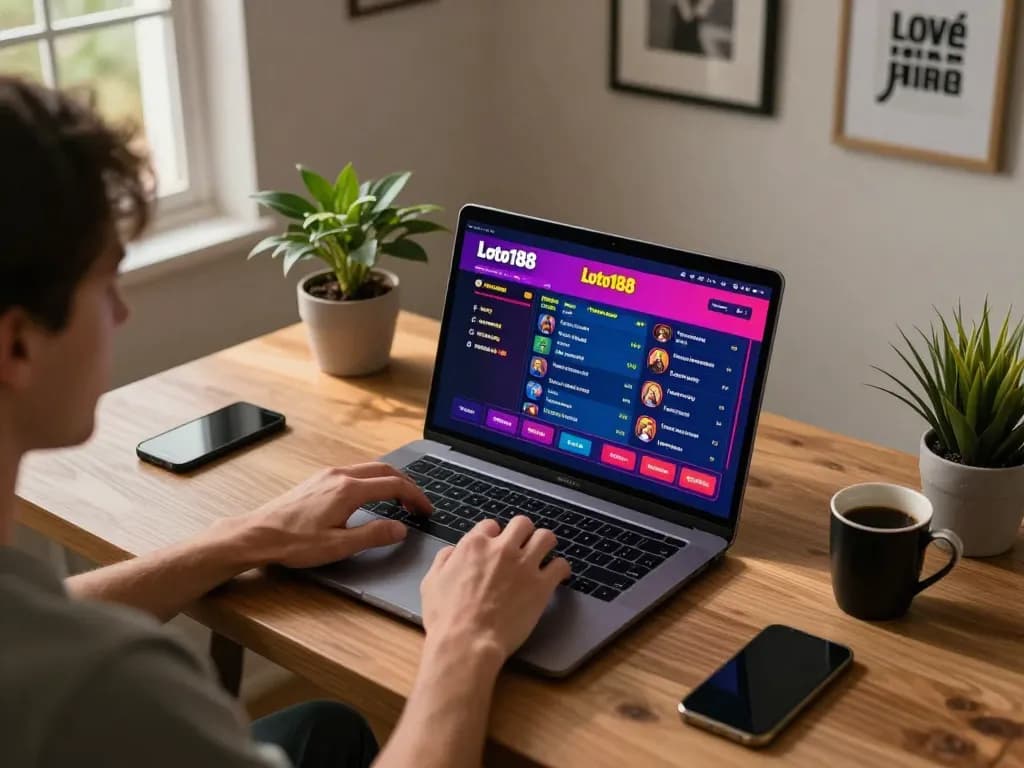Engaging in loto188 online betting with a laptop in a cozy home office.
