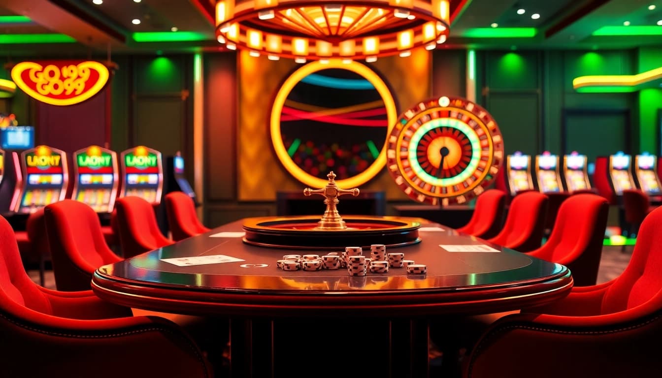 Experience the excitement of GO99 gamers at a vibrant casino table with colorful slot machines.