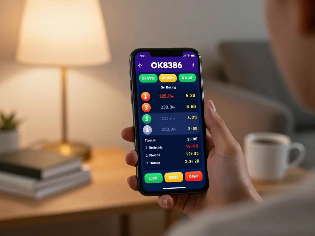Player engaging with the OK8386 betting app in a warm home setting, showcasing live game strategies.