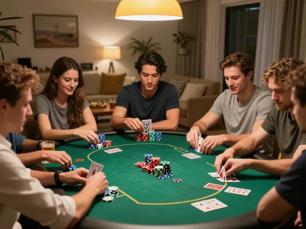 PLANET88 players engaging in a friendly poker night at home, showcasing cards and colorful chips.