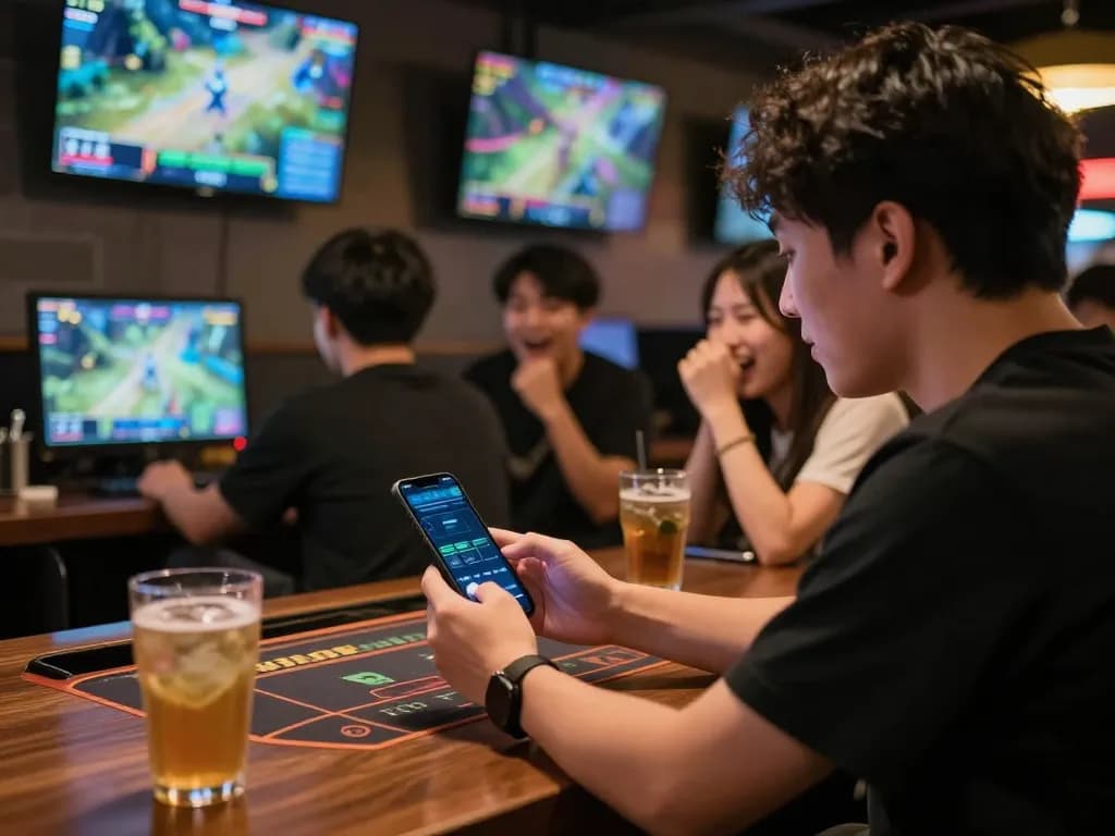 Engaging with esport betting singapore using a mobile app in a lively sports bar setting
