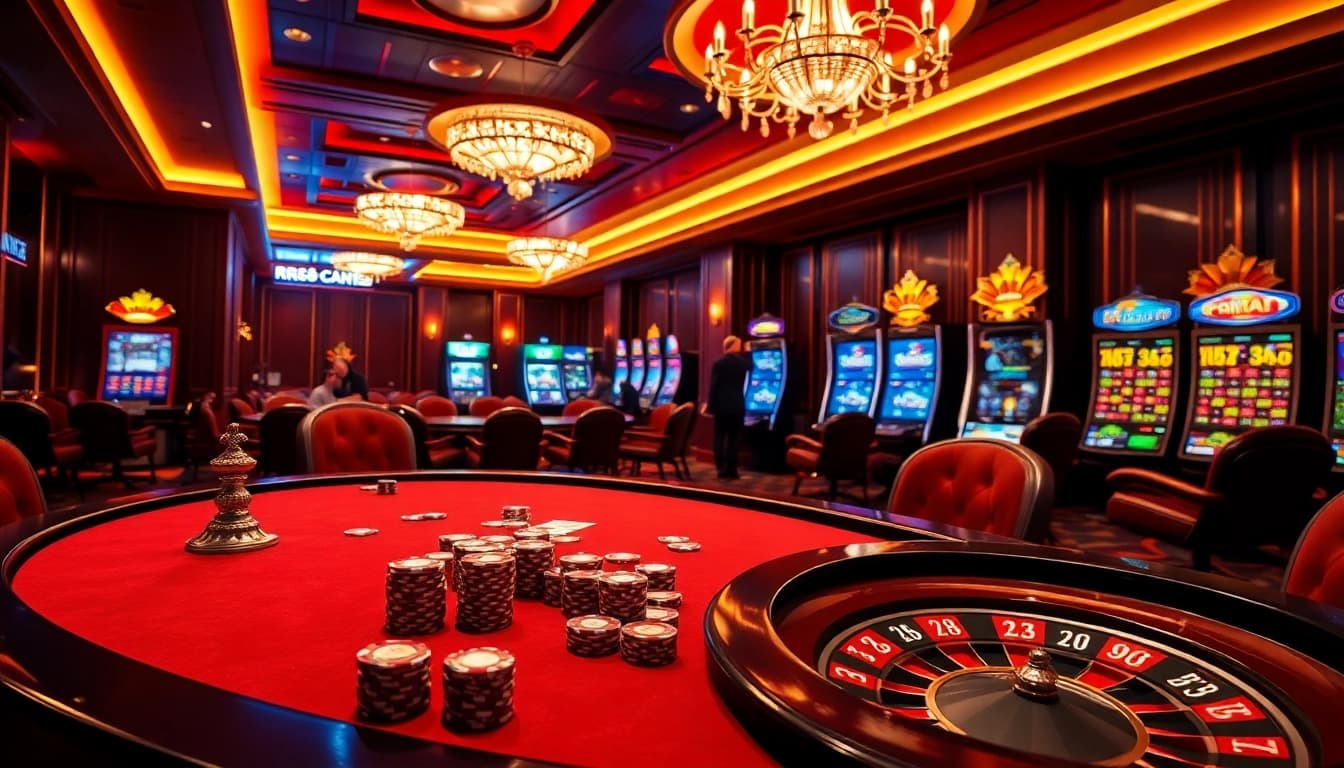 Players enjoying a vibrant casino experience at RR88 with poker chips and roulette.
