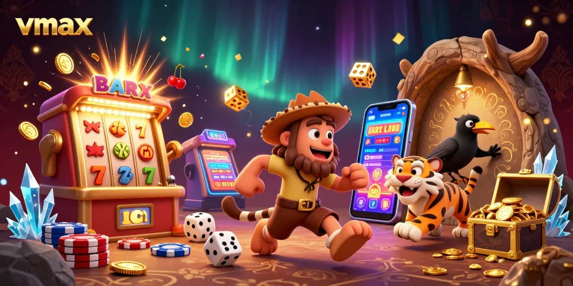 Spin the reels with vmax at this energetic casino featuring vibrant characters and exciting game elements.