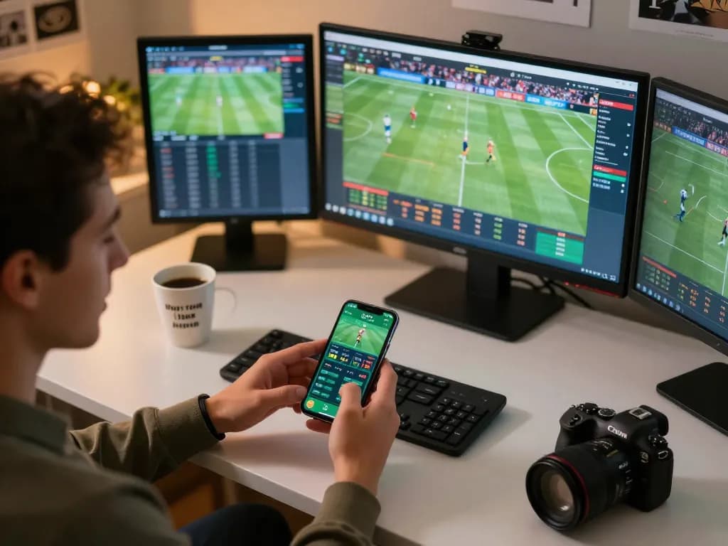 Engaging with go8 sports betting app on smartphone in modern home office setting.