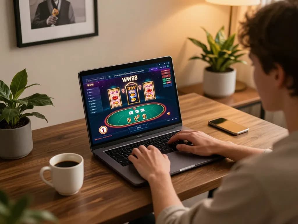 Engaging online gaming experience with WW88 on a laptop, showcasing a player immersed in casino action.