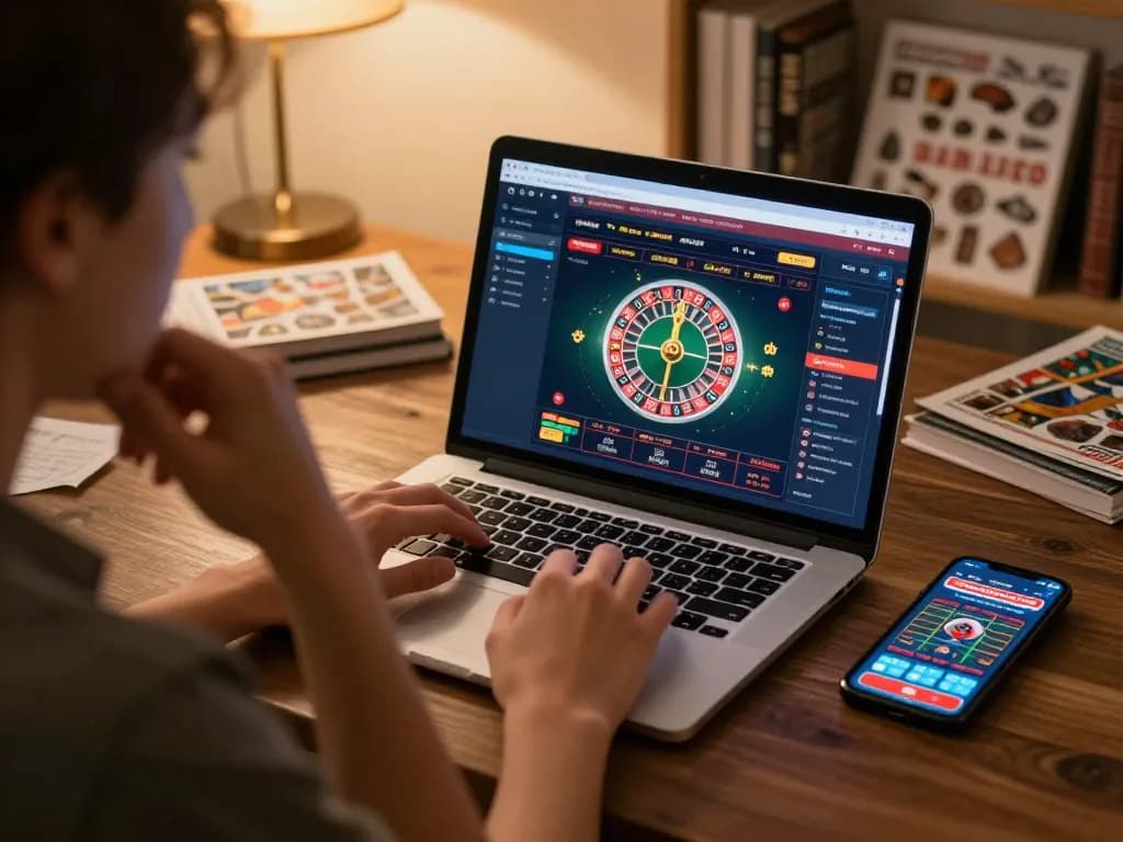 Engaging in online gambling at https://rr88co.net/ with strategic gameplay visible on a laptop screen.