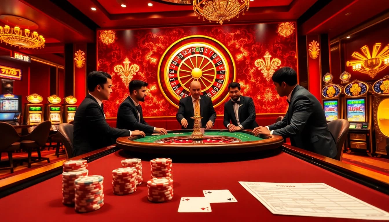 Players engage in a high-stakes game at a luxurious poker table representing hz88 gambling excitement.