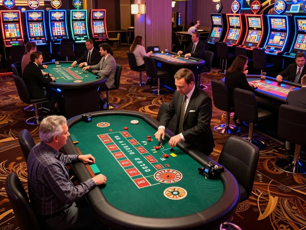 Players engaging in dynamic gameplay at JUN88 casino with luxurious decor and vibrant atmosphere