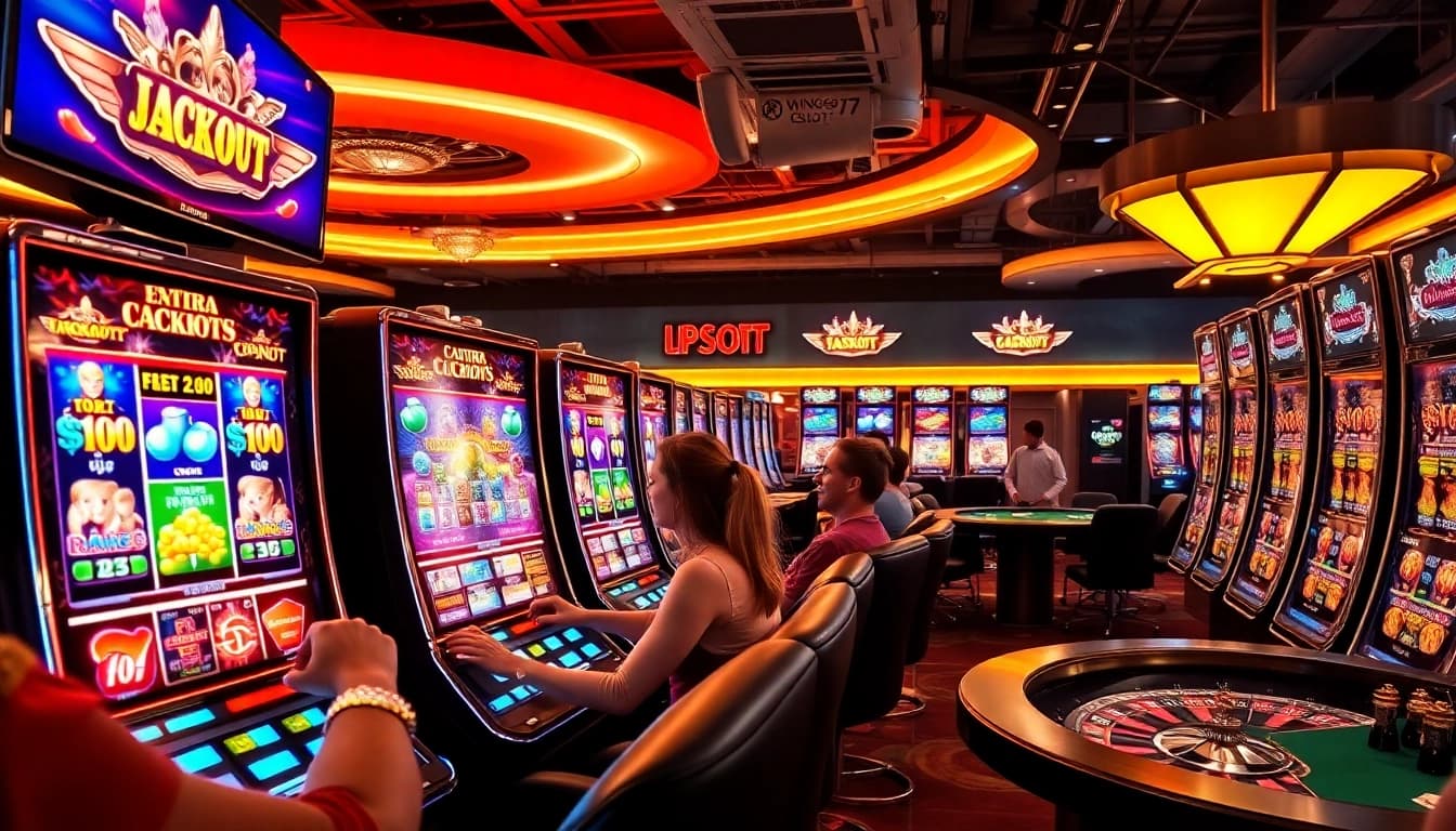 Participants enjoying games at Wingslots77 with vibrant slot machines and colorful poker chips.