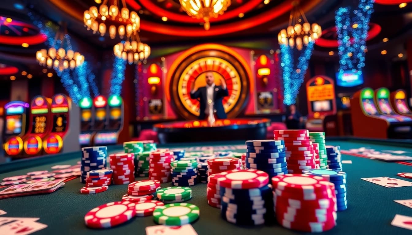 SODO66 casino scene showcasing vibrant poker chips, cards, and a roulette wheel with players excitedly betting.
