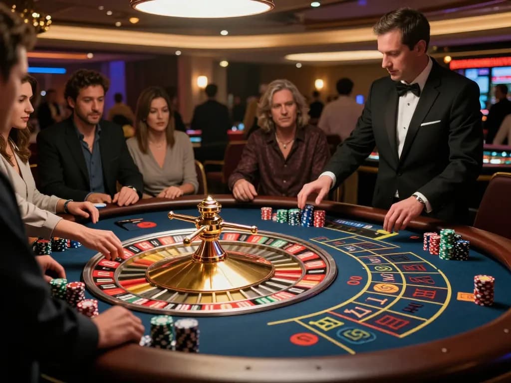 Players engaging intensively at a roulette table in the nohu casino, chips stacked and ball spinning, showcasing thrilling moments.