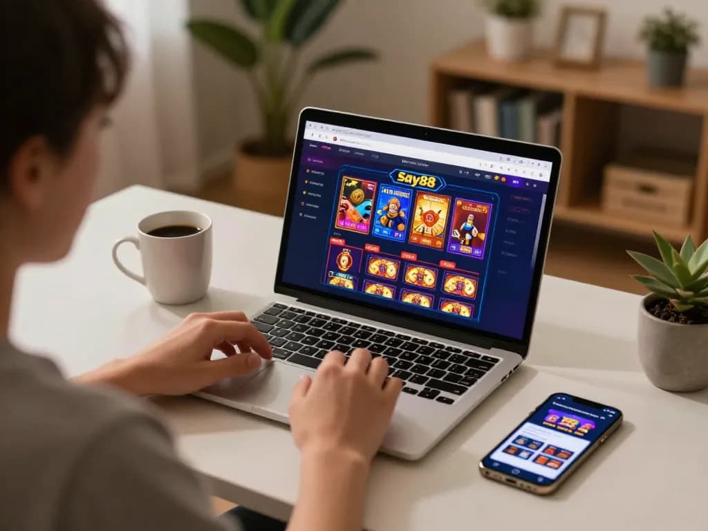 Engaging in online gaming experience with Say88, showcasing immersive casino interface and personal setup.