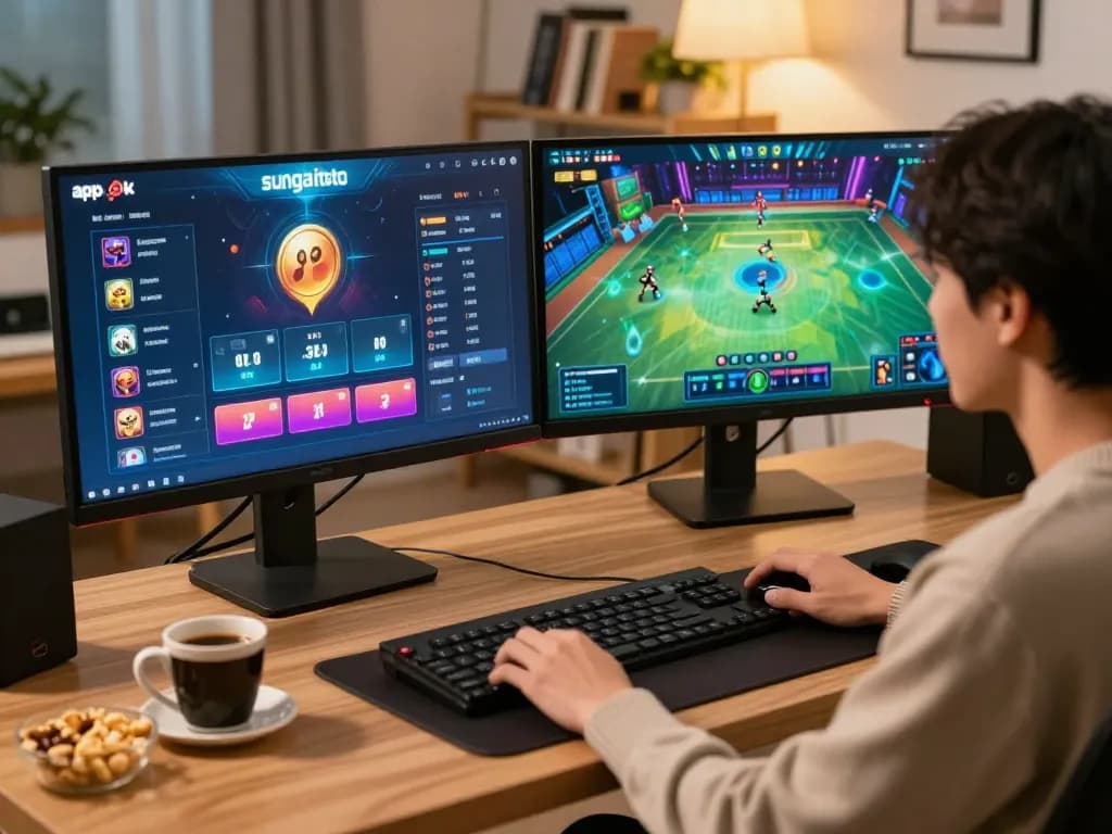 Player engaged in apk sungaitoto online gaming with dual monitors displaying betting options and live dealer.