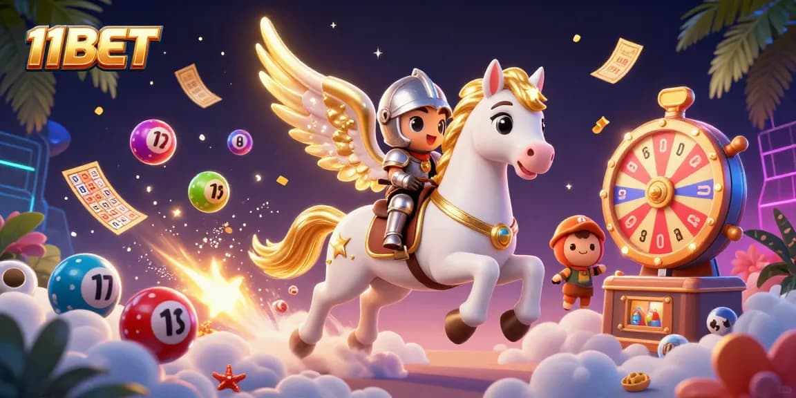 11BET features a dynamic scene with a celestial horse and knight, surrounded by vibrant casino elements.