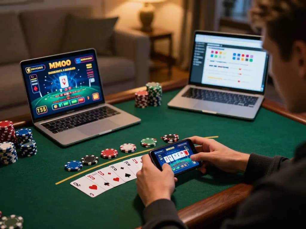 Player engaging in MMOO online blackjack with smartphone in cozy home setting