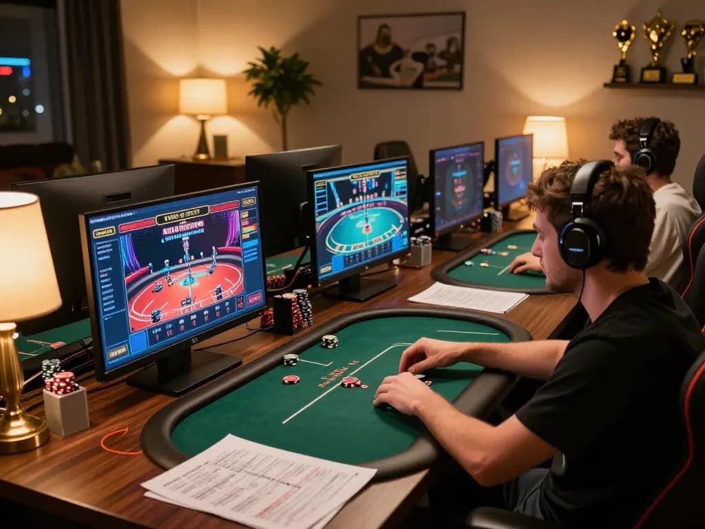 Engaging in an exciting TT88i poker game from a modern online gaming setup with multiple screens.