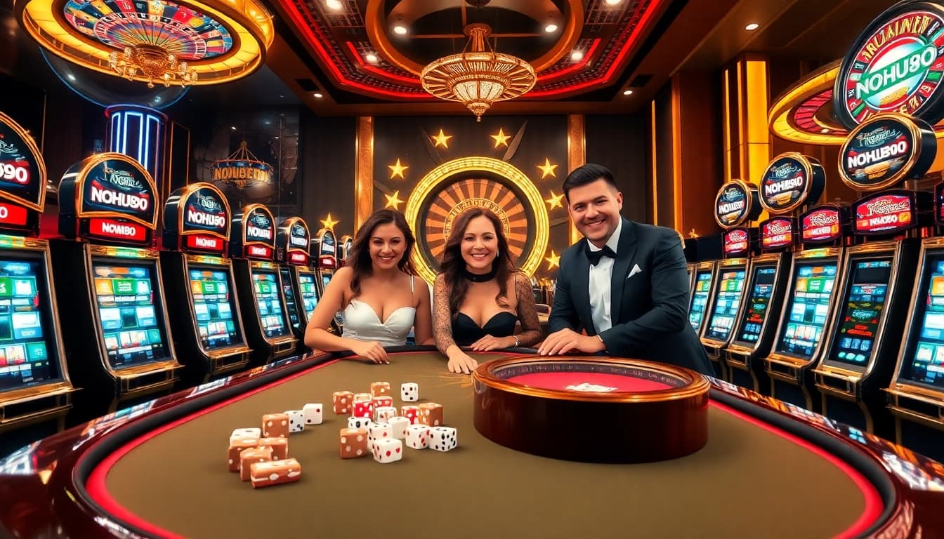 Players enjoying high-stakes gameplay at NOHU90, featuring dynamic casino tables and luxurious décor.