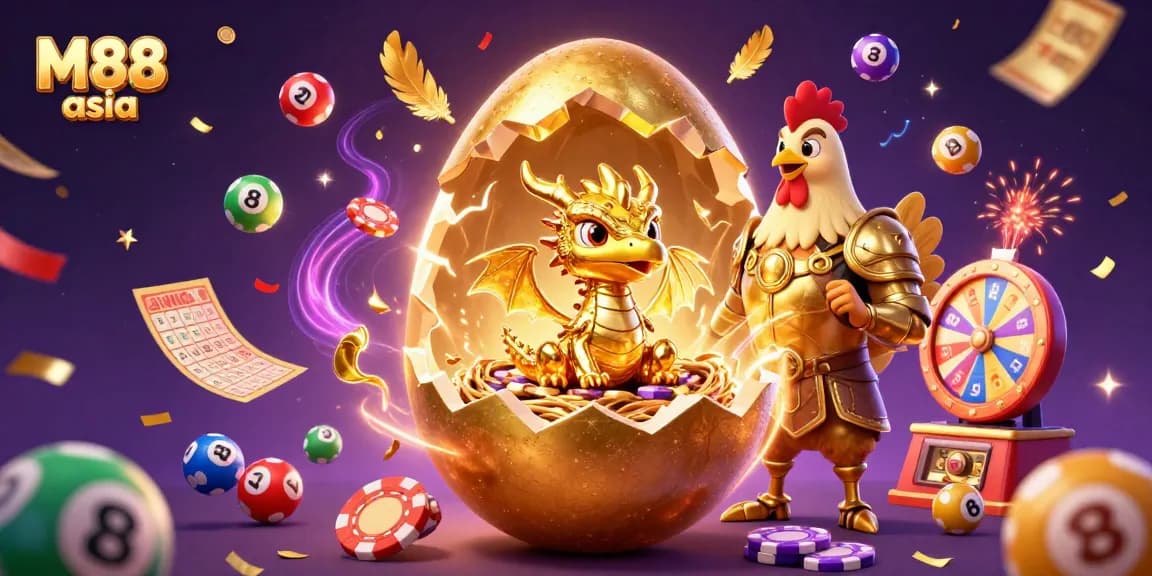 Experience M88 asia's vibrant gaming with golden dragon, poker chips, and dynamic lottery elements.