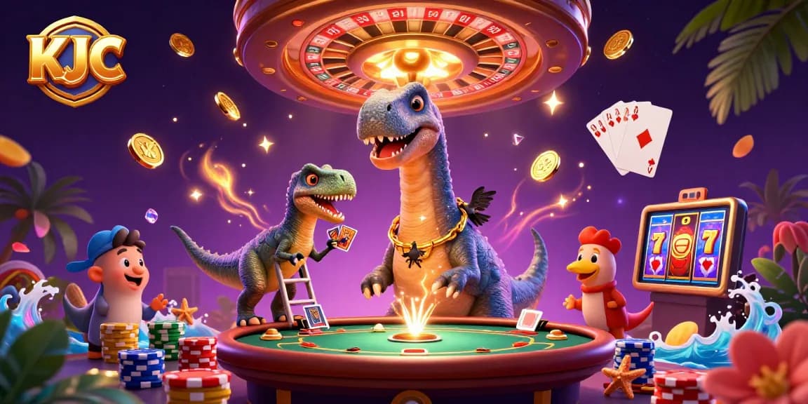 KJC captivates with a vibrant casino scene featuring charming dinosaur characters amid dazzling gaming elements.