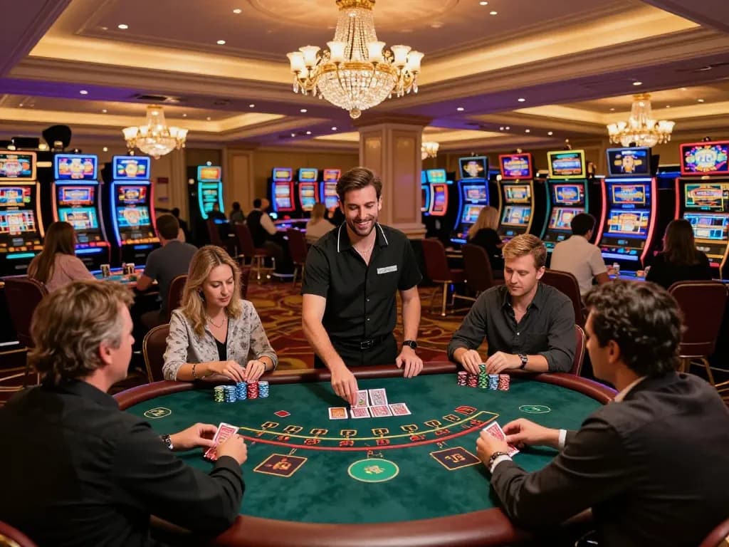 Pemain di meja blackjack westsrestaurant merencanakan langkah selanjutnya dalam suasana kasino yang mendebarkan.