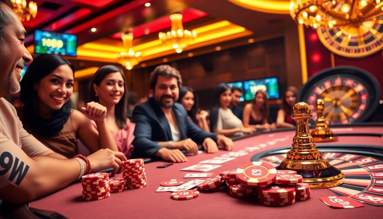 Players enjoy a vibrant poker game at a luxurious casino, featuring 99win chips and cards.