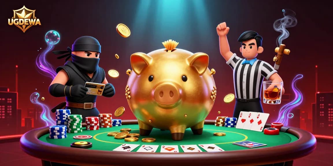 Engage with the vibrant UGDEWA casino illustration featuring a golden piggy bank warrior amid poker battles.