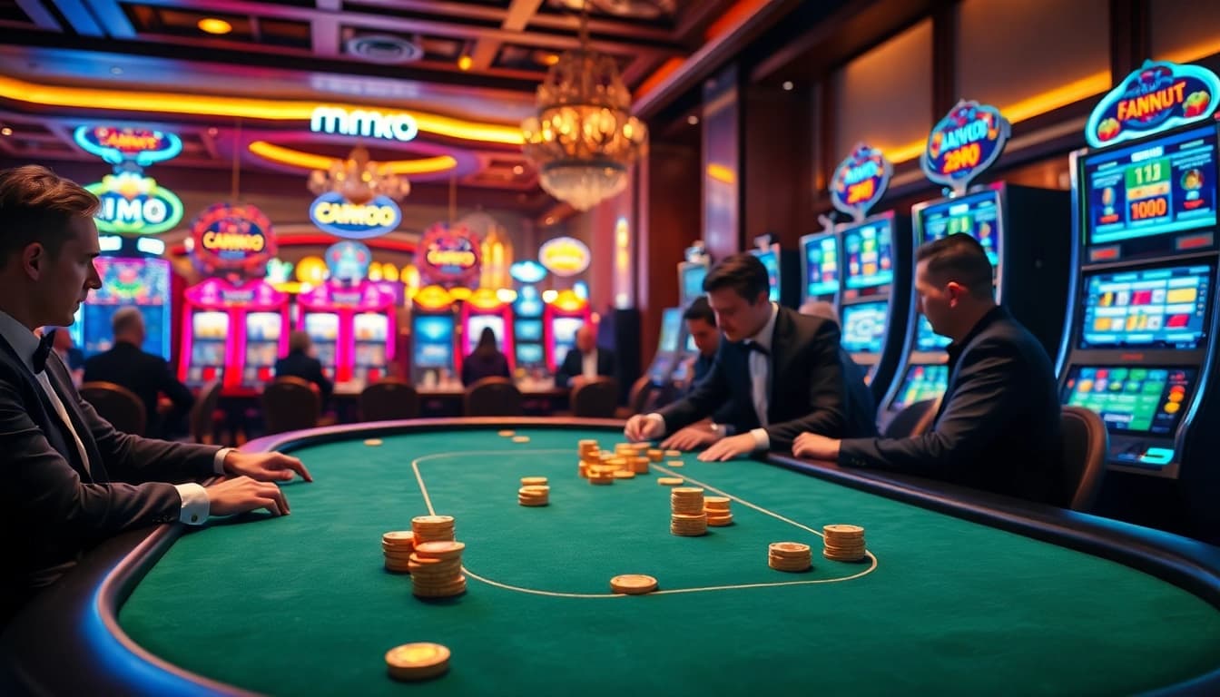 An exciting poker night at a luxurious casino showcasing mmoo atmosphere with strategic gameplay and vibrant slot machines.