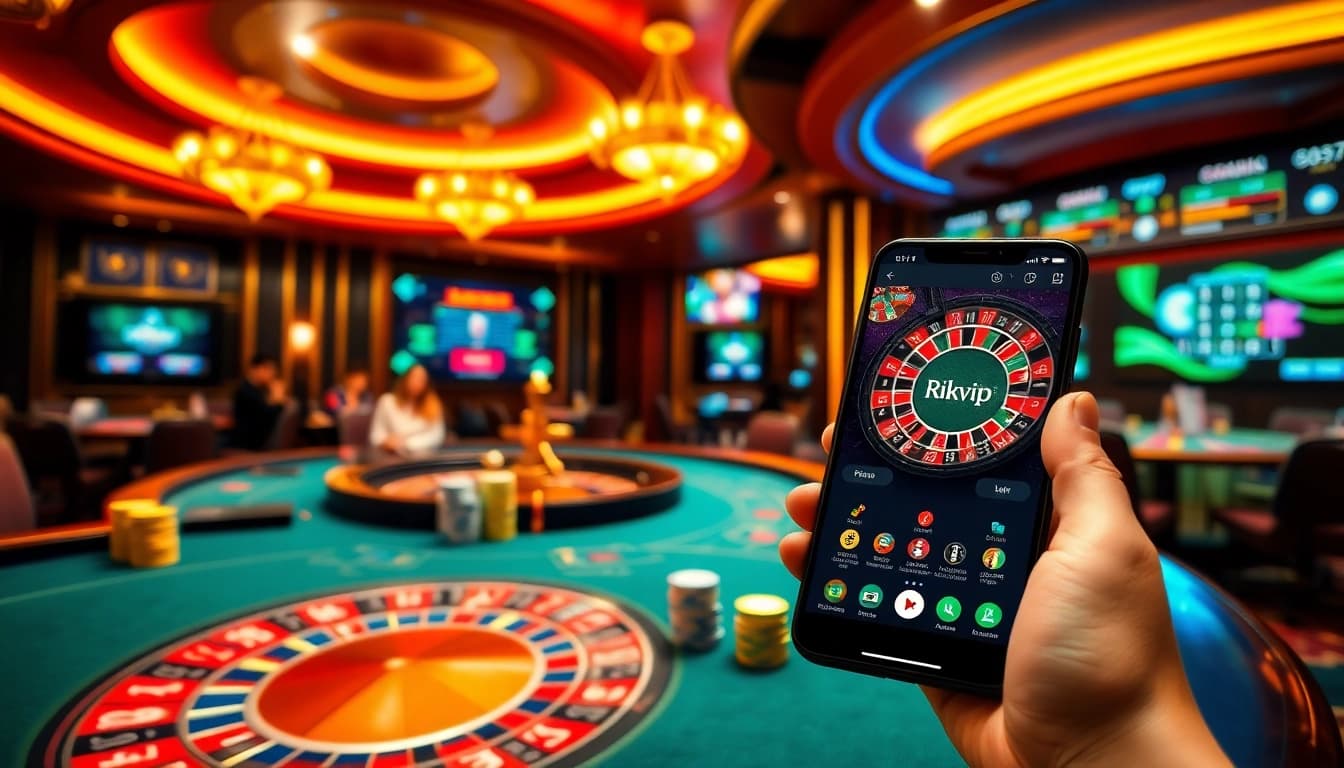 Experience the thrill of gambling at Rikvip with vibrant casino scenes filled with poker tables and online gaming interfaces.