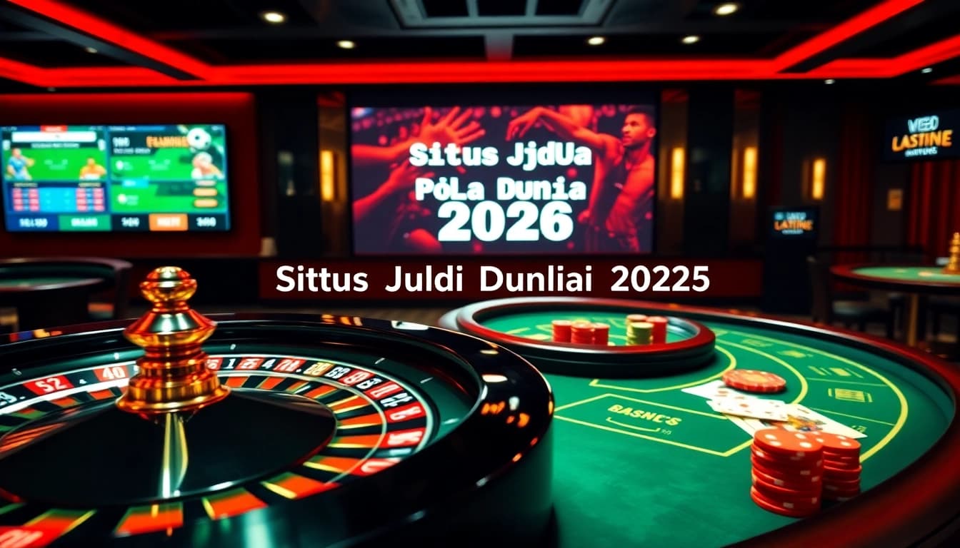 Situs Judi Bola Piala Dunia 2026 immersive online gambling scene with roulette and poker setup.