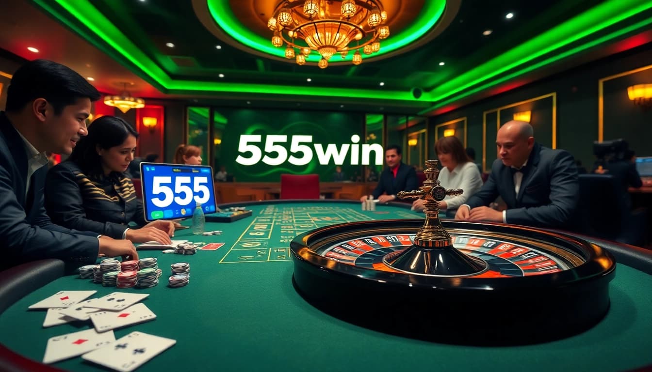 Engaging scene of players at 555win enjoying poker with vibrant casino decor and digital interfaces.