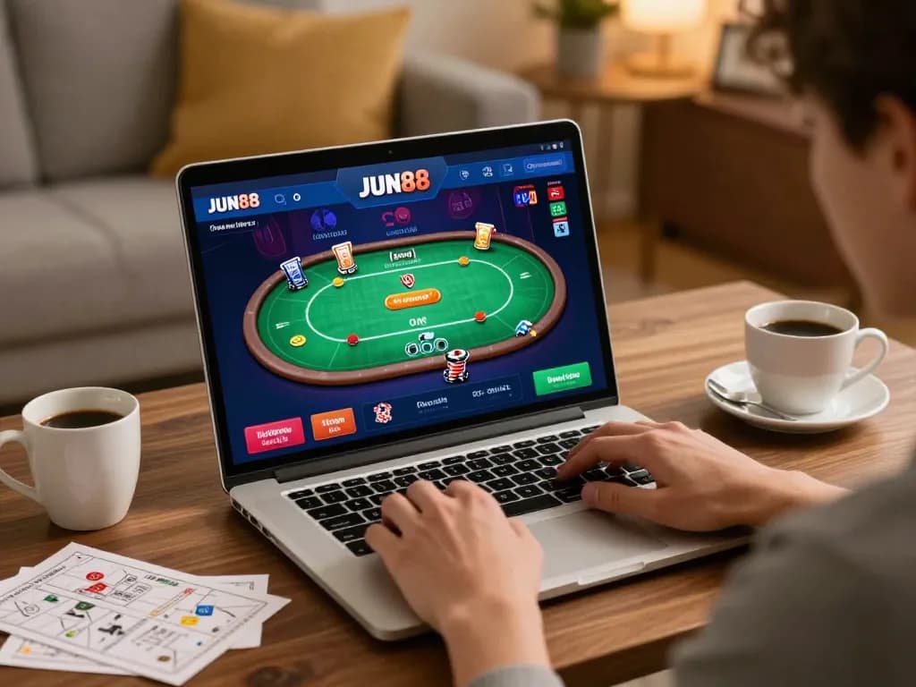 Player engaging with the Jun88 app during an exciting online poker session.