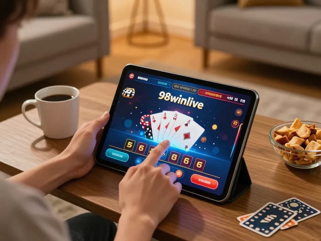 Engaging with 98winlive casino app on tablet, dynamic online gaming atmosphere