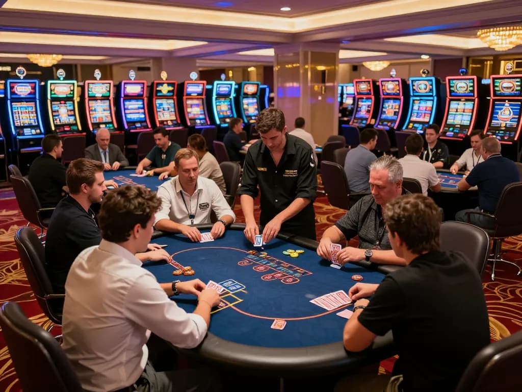 Experience thrilling gameplay at okking's vibrant casino floor, featuring active poker tables and dazzling slot machines.