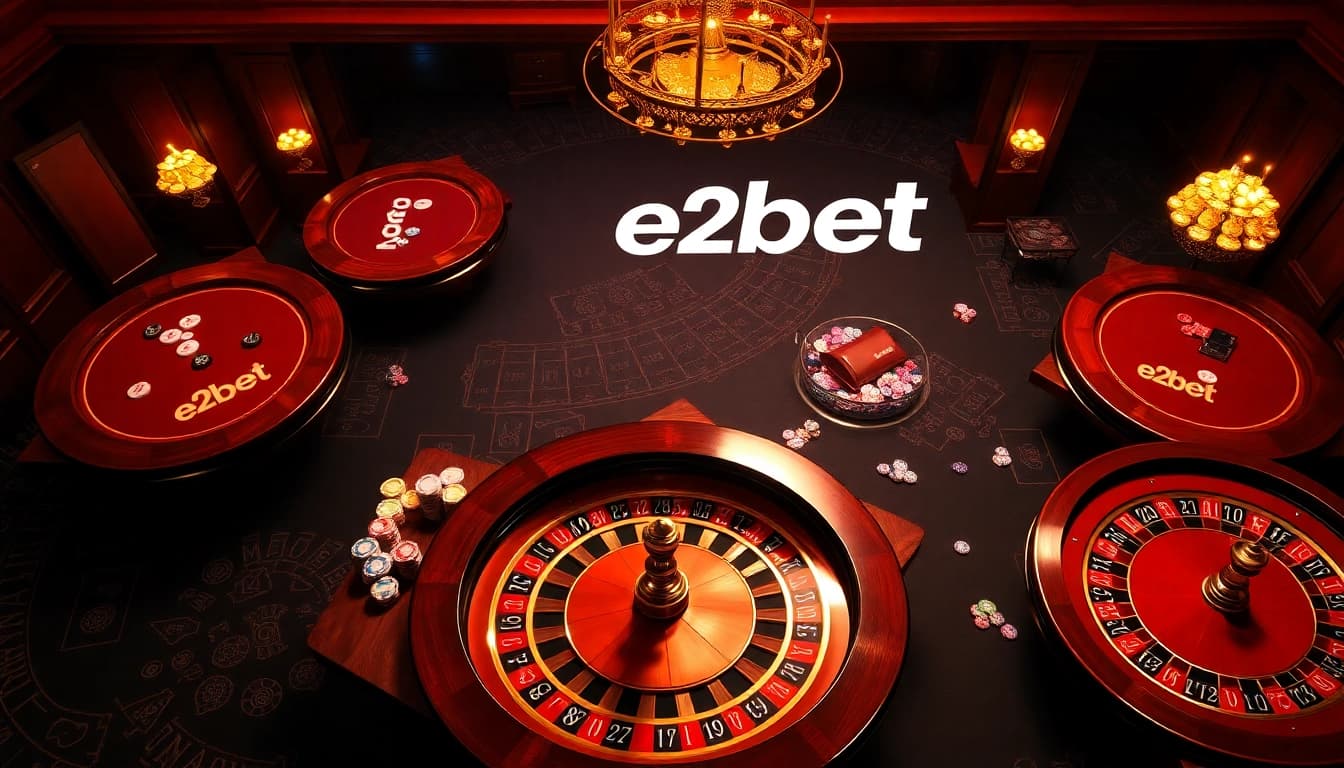 Experience the excitement of e2bet with vibrant poker chips and a roulette wheel in a luxurious casino setting.