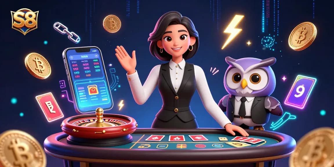 S8 casino dealers at a luxury baccarat table, surrounded by a vibrant array of crypto and gaming elements.