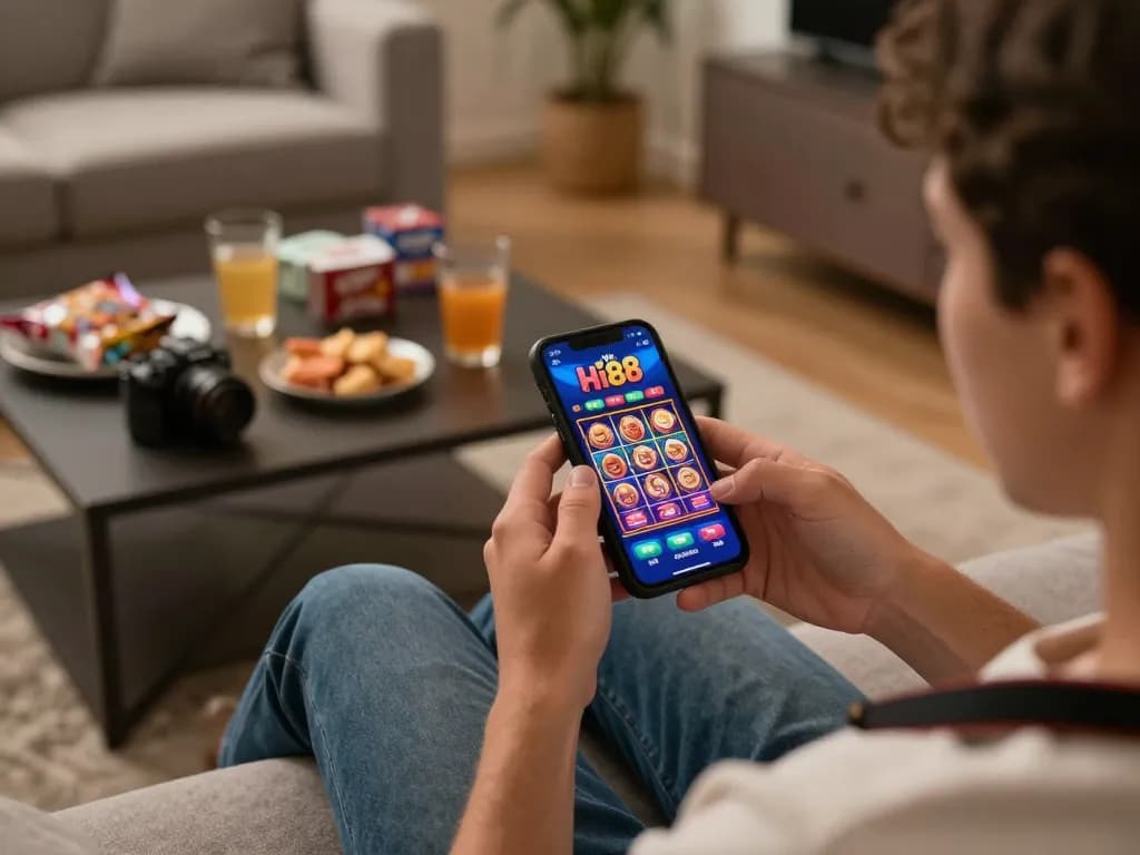 Engaging gameplay on Hi88 casino app with vibrant slots and comfortable home ambiance.