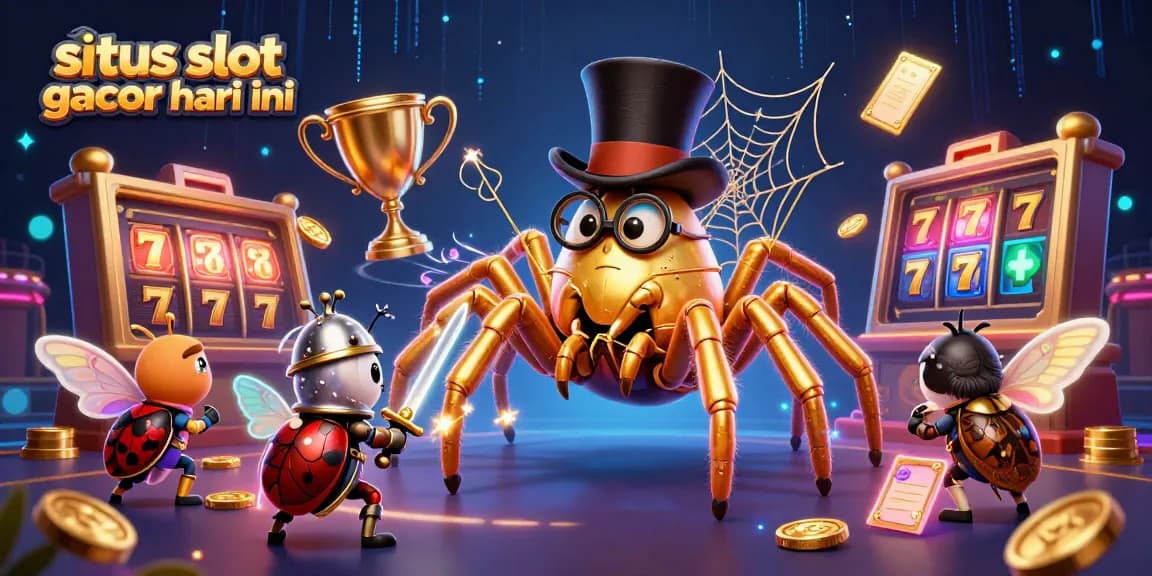 situs slot gacor hari ini features a giant tarantula and beetle knight in a vibrant casino scene
