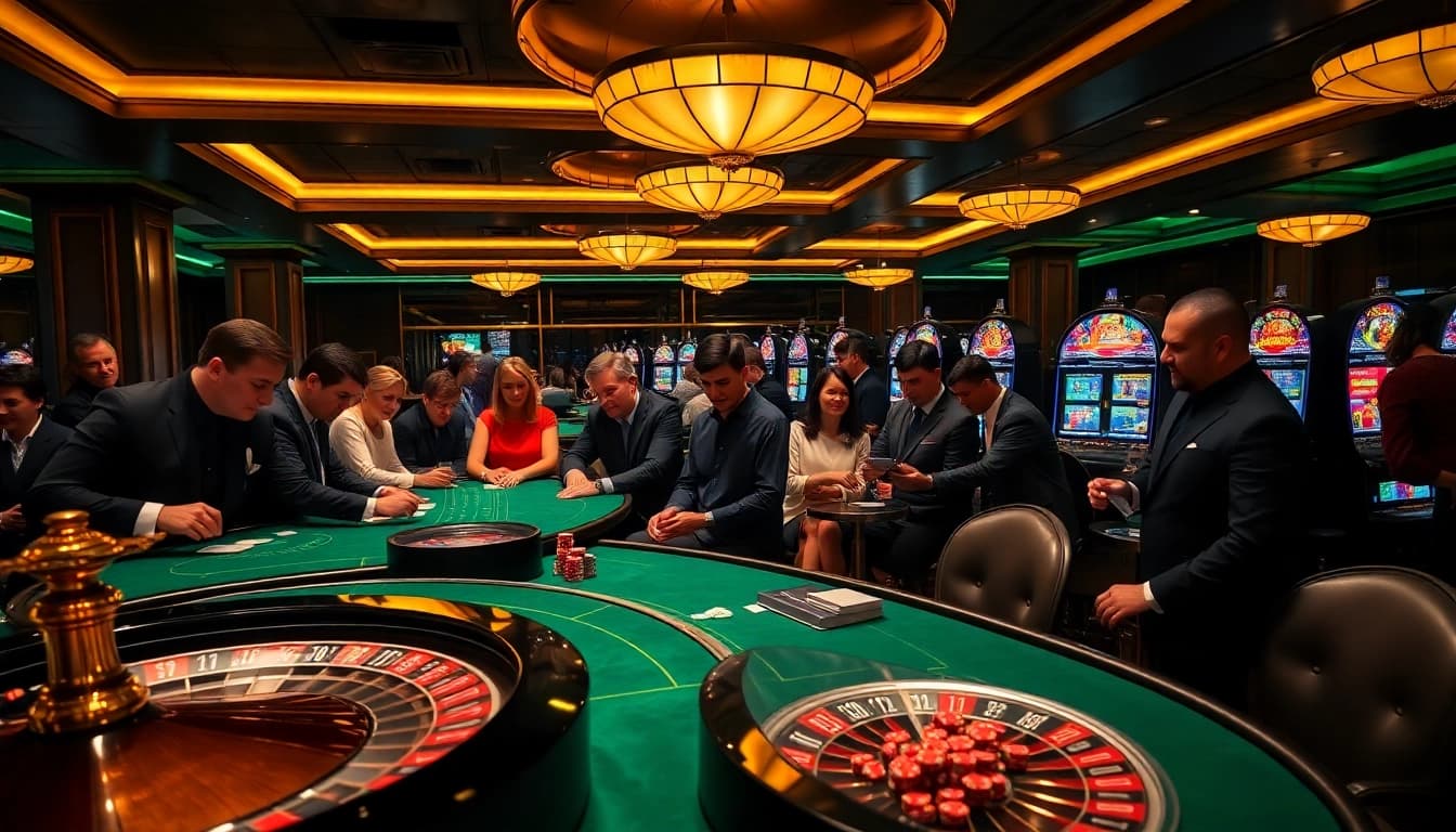 Experience daga with excitement and strategy in a vibrant casino filled with poker tables and roulette wheels.