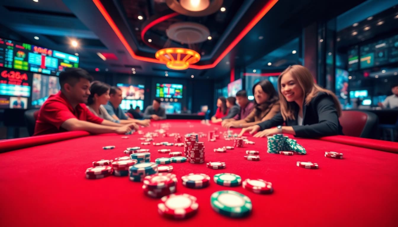 Engaging casino scene featuring players at a vibrant gaming table, embodying the thrill of tai iwin.