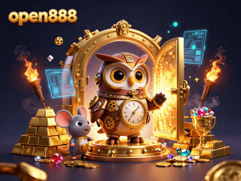 Experience the thrill of open888 with an enchanting steampunk casino scene featuring vibrant treasures and magic.
