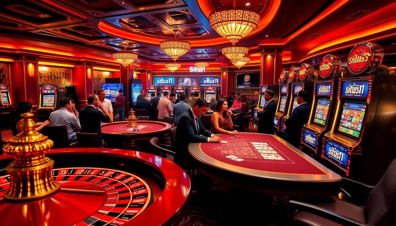 Situs11 showcases an exhilarating casino scene with players at poker tables and vibrant slot machines.